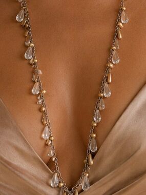 Hippie style Gold faux pearl and Clear Teardrop Long or double up Necklace.